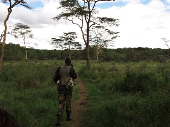 Ranger acompañante durante el paseo a pie en el Parque Nacional de Nairobi. Por Udare